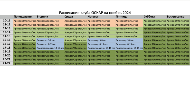Оскар - расписание работы клуба