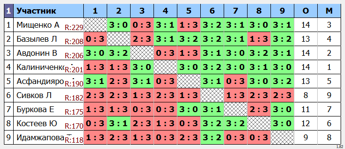 результаты турнира POINT - макс 230