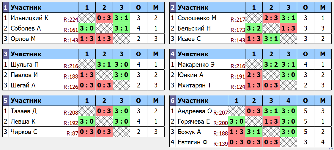 результаты турнира POINT - макс 230